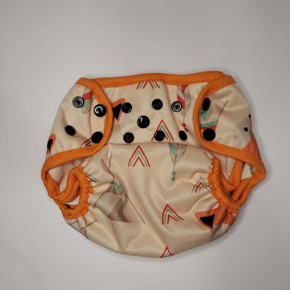 2/$10 Fox Adjustable Orange-Trim Diaper Cover with Geometric Feather Print EUC